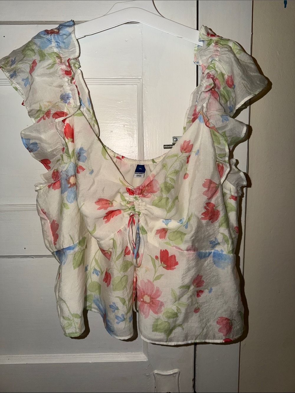 Old Navy White Floral Ruffle Tie-Front Blouse